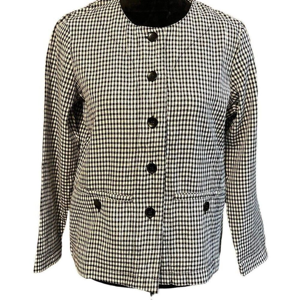 Norm Thompson Womens Coat Black White Check Button Up Long Sleeve Crewneck Sz XS